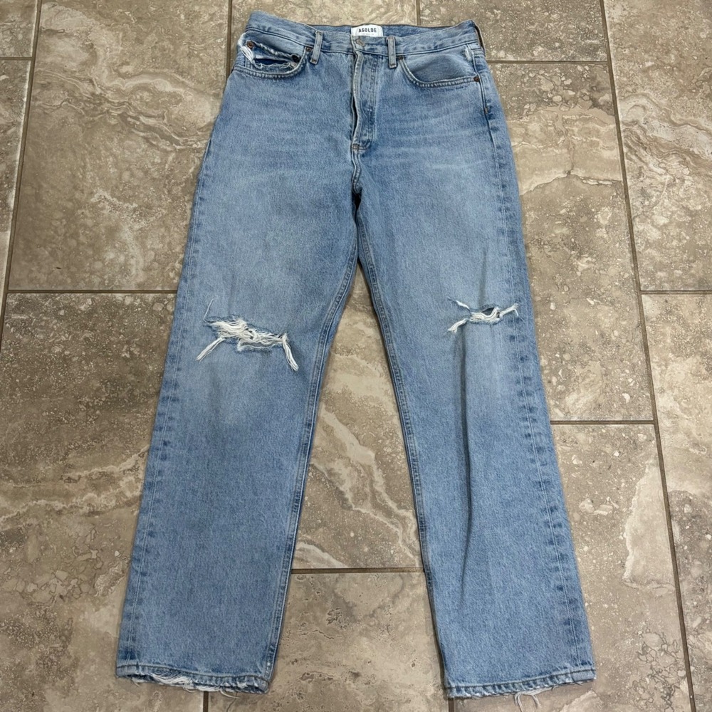 AGOLDE 90's Mid Rise Loose Fit Distressed Jeans Light Wash Blue 26 A069C-1141
